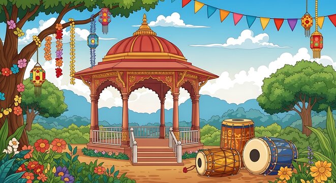 A festive outdoor celebration scene featuring a traditional golden gazebo, dhol drums, and colorful hanging lanterns in a garden.