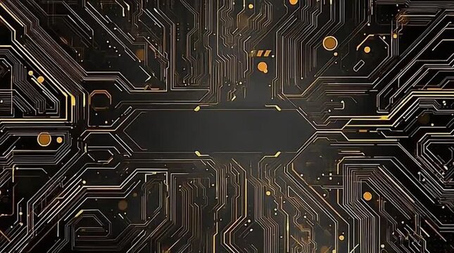 Glowing golden circuit board pathways with central processing unit area