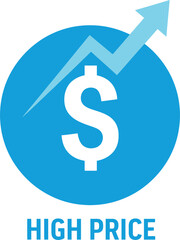 Obraz premium A blue circular icon with a white dollar sign and an upward arrow indicating high price. Vector