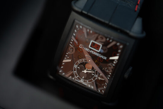 Bucharest Romania 15 February 2026.Elegant Girard-Perregaux Vintage 1945 Moon Phases watch with a rectangular case, silver dial, leather strap, and classic moon phase display.