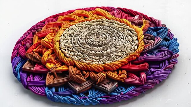 Colorful Woven Rug with Spiral Pattern.