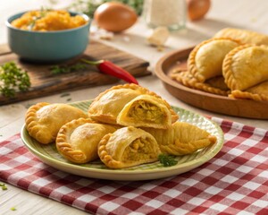 Golden baked curry puffs with savory filling on a checkered cloth, a delicious homemade appetizer