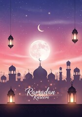 Ramadan kareem illustration with lanterns and moon against a sky