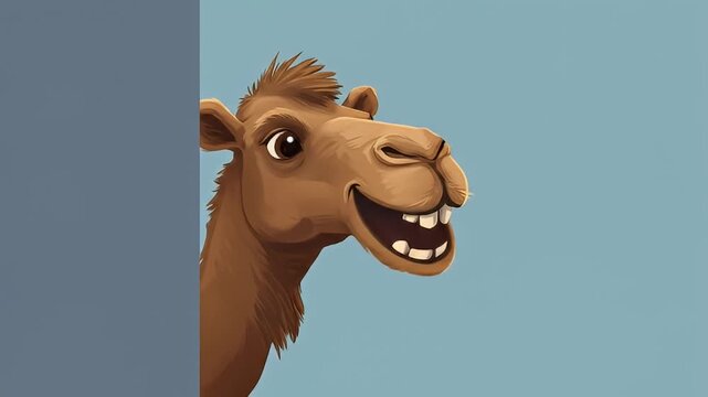 Cartoon camel head peeking from behind a wall, with a goofy, toothy grin
