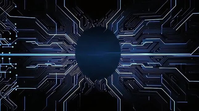 Digital Circuit Board Network with Glowing Blue Data Connections on Dark Background