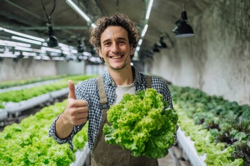 Hydroponic farm worker holding organic lettuce smiling thumbs up sustainable agriculture
