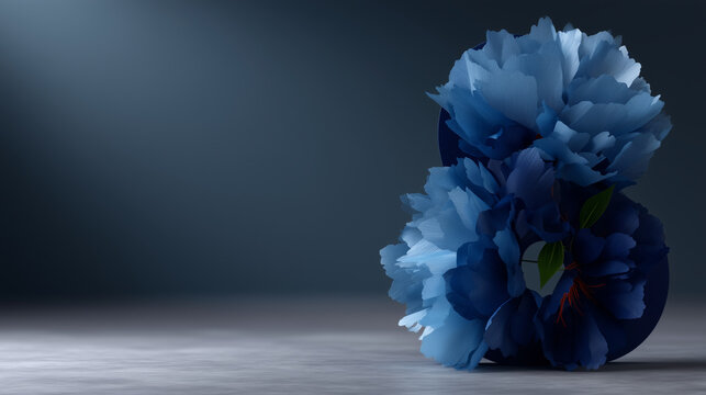 Premium 8th March greeting composition with a decorative number eight built from layered indigo and cobalt paper blossoms, sharp clean petal edges and dimensional shadow depth, dee