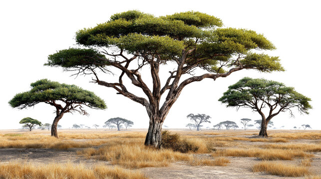 Serengeti's Guardian Trees: Majestic trees stand sentinel on the vast, golden savanna under a bright, clear sky, their intricate forms a testament to the resilience of nature.