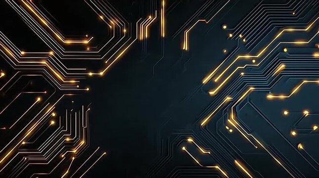 Dynamic Glowing Orange Circuit Board Lines on Dark Background with Central Empty Space