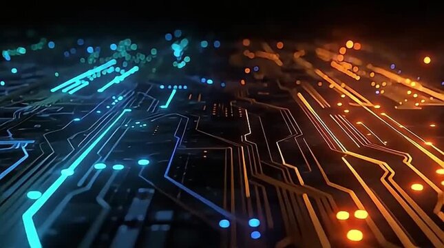 Dual Glowing Circuit Board with Contrasting Blue and Orange Data Paths