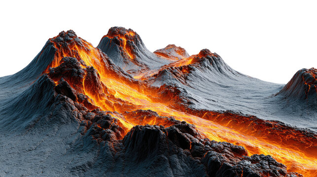 Volcanic Landscape: A fiery spectacle of molten lava flows through a rugged, ashen terrain, creating a dramatic display of nature's raw power.