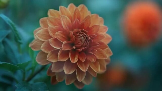 Closeup of outoffocus orange dahlias in front of a blurred green and blue background