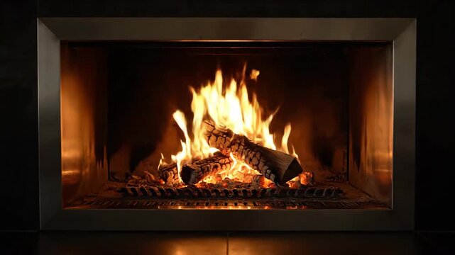 Burning logs in modern fireplace with warm fire flames for comfort and home heating.
