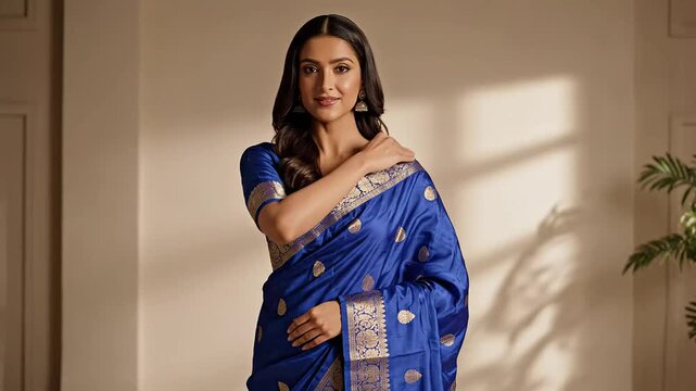 Attractive indian model posing in vibrant blue silk saree dress