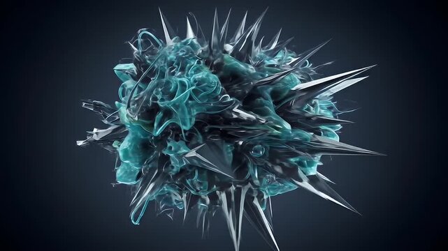 Abstract, turquoise and gray, spiky, swirling organic shape against dark backdrop