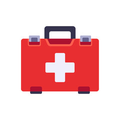 Obraz premium red first aid kit, emergency medicine, white cross, colorful vector flat style illustration