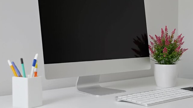 Sleek desktop computer with dark screen, keyboard, mouse, and potted pink flowers