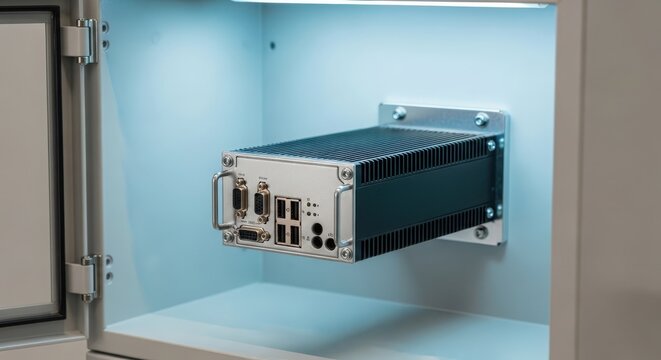 Industrial computer server unit mounted in blue lit rack for data center technology and networking systems