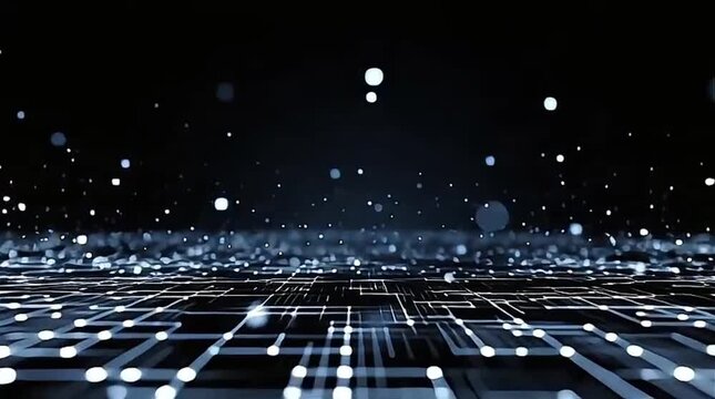 Digital Technology Grid Surface with Glowing Lines and Floating Light Particles