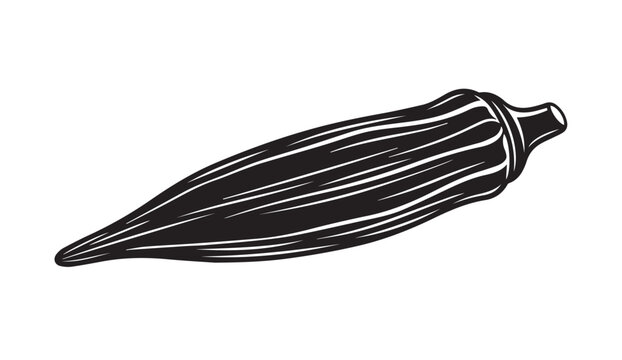 Okra Vegetable Illustration, Black and White, Isolated on White Background