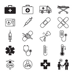 Obraz premium Medical icons set featuring black vector symbols for healthcare, hospital, doctor, and heart in a simple web design style.