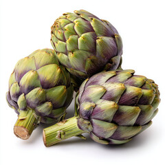 Obraz premium Three fresh artichoke vegetable heads with green and purple leaves