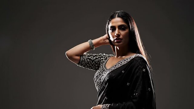 Black saree indian model posing professionally studio fashion footage