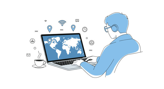 A young woman and man work on laptops in a modern office illustration featuring 3d cartoon characters connected via a global internet network and business technology