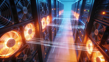 Obraz premium Data Center Innovation: A high-tech data center glows with neon, rows of servers hum with energy, symbolizing the backbone of the digital era.