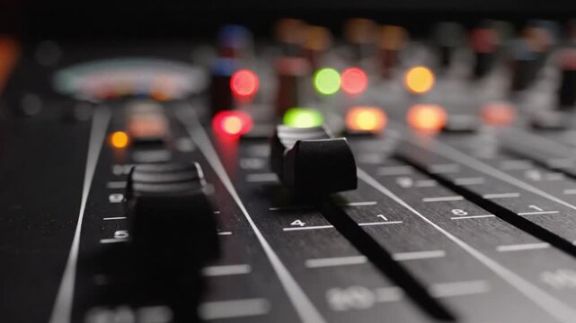 Detailed close-up of a professional sound mixing console with faders and colorful LED lights in a recording studio, capturing the essence of music production and audio engineering with a cin