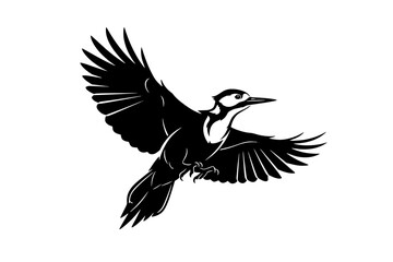 Obraz premium A black and white illustration of a woodpecker in mid-flight with wings spread wide isolated on transparent background, isolated on white background, Vector