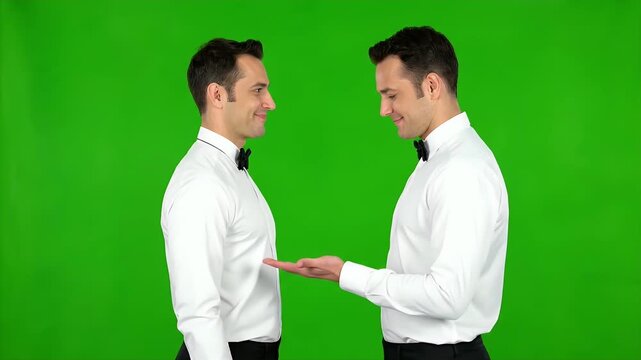 Man Interacting with His Clone on Green Screen Background Medium Shot Person in White Shirt with