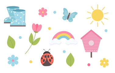 Set of cute spring objects. Suitable for clip art, stickers, flat design illustration.