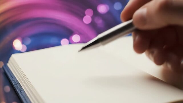 Open blank journal with metallic pen resting on cream-colored pages against colorful abstract background