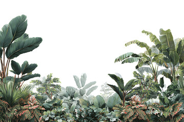 Fototapeta premium Lush tropical foliage and plants create a vibrant border, offering natural frame with rich green leaves against transparent backdrop, jungle flora