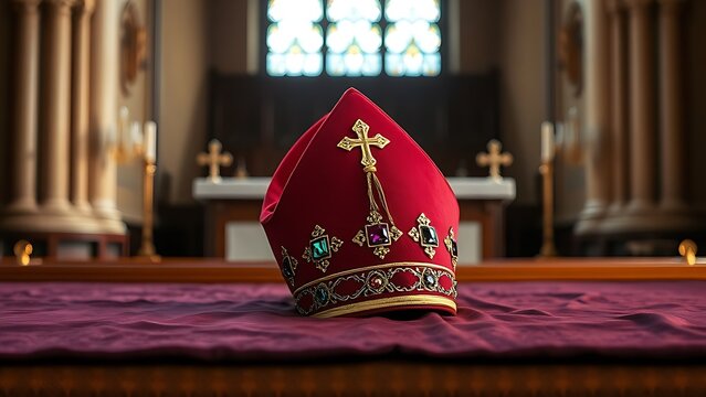 mitre. A bishop's ceremonial hat resting on dark velvet cloth, gemstones gleaming. event programs, museum guides, designed for cultural heritage projects and event programs, supports education.