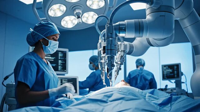 Future of Medicine. Surgeon monitors robotic arm performing complex surgery on a patient. Ideal for technology and healthcare innovation concepts.