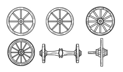 Obraz premium Wooden wagon wheel outline icon set vector spoked wheels and cartwheel symbols isolated on transparent background