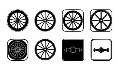 Wooden wagon wheel badge icon set vector spoked wheels and cartwheel symbols isolated on transparent background © MdRoni