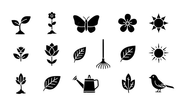 Hand-drawn spring glyph icon set vector seasonal nature symbols isolated on transparent background