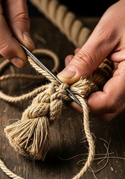 Expertly crafting nautical rope art with meticulous hand stitching process