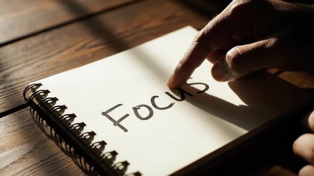 Handwritten word focus on open spiral notebook resting on wooden surface