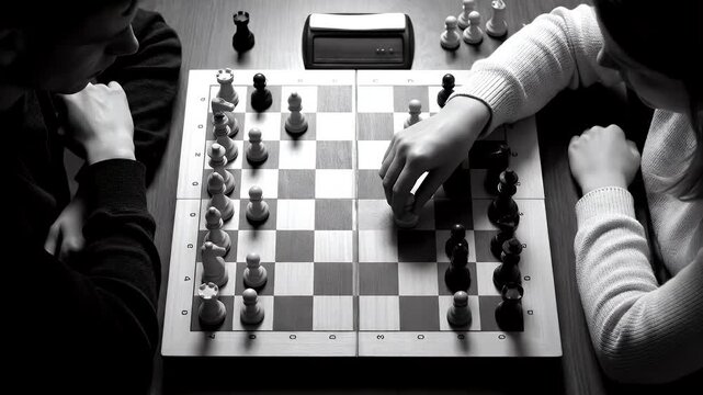 Monochrome Shot of Two People Playing Chess with Wooden Pieces on a Checkered Board in Bright