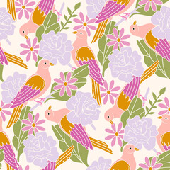 Cotton fabric Beautiful seamless pattern with pink doves and lilac roses in a romantic vintage botanical garden style with mustard yellow and olive green accents for textile and wallpaper