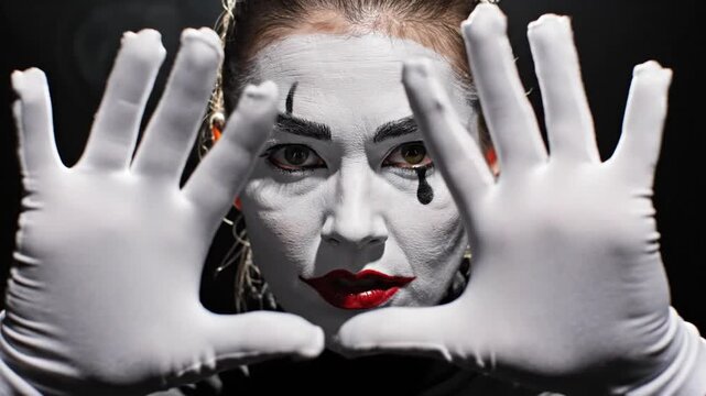 Dramatic portrait of woman in mime makeup with black tear