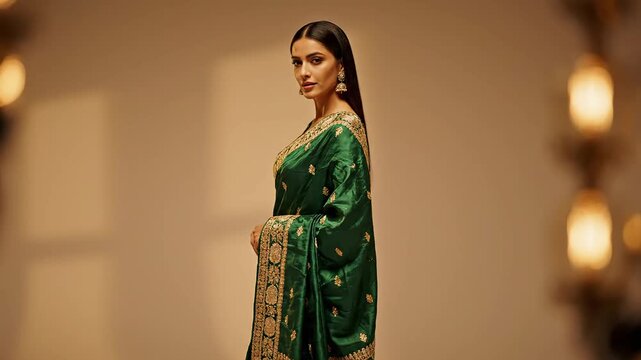 Stylish indian woman posing in traditional green embroidered saree