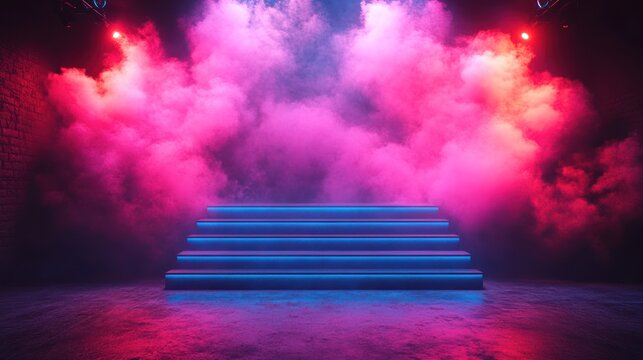 Neon Steps Stage Scene, Pink Purple Smoke,  Background for Product Presentation