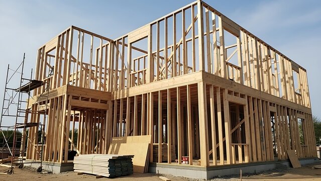 Construction site featuring timber framed house under progress, daytime