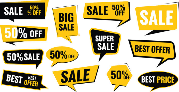 Various yellow and black sale labels with fifty percent discount and best price banners. Vector