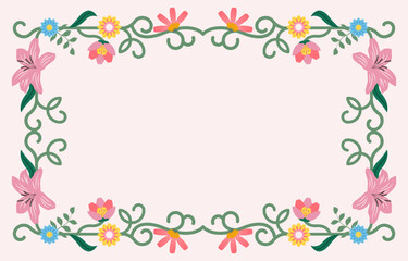 Decorative Floral Frame with Pastel Flowers and Ornamental Border
